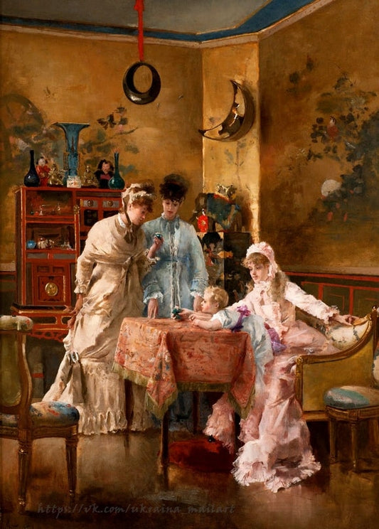 Three women and a child gathered at a table in a gilded Japanese-style Parisian salon, by Alfred Stevens