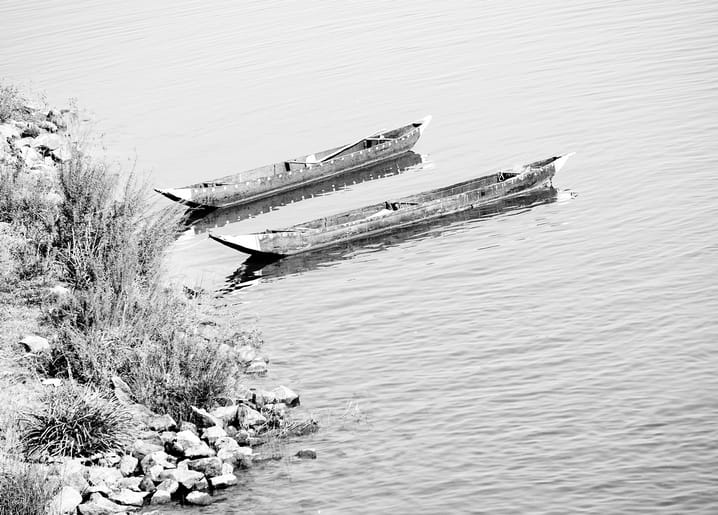 Two weathered wooden boats beached side by side on a calm, reed-lined shore, black-and-white