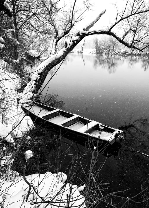 Hölzernes Ruderboot am verschneiten Teichufer unter einem schneebedeckten Ast, Schwarzweißfoto