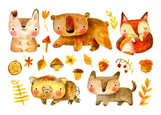 Illustrated woodland animals — squirrel, bear cub, fox, boar and wolf pup with autumn leaves and acorns
