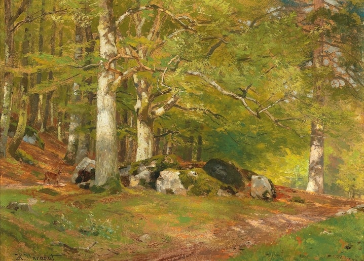 Ölgemälde eines Buchenwaldes mit moosigen Felsen und einem Reh am Waldrand, von Hugo Darnaut
