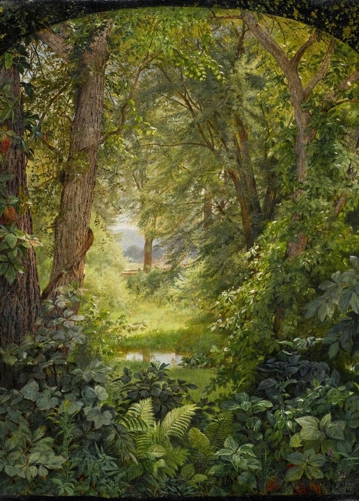 Painting of a sunlit forest glade framed by tree trunks and ferns, by William Trost Richards