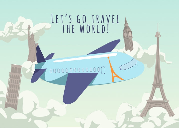 Comic-Flugzeug fliegt an Eiffelturm, Big Ben, Schiefem Turm von Pisa und Freiheitsstatue vorbei