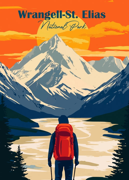 Hiker with a red backpack facing snow-capped mountains and a river at sunset, Wrangell-St. Elias National Park poster