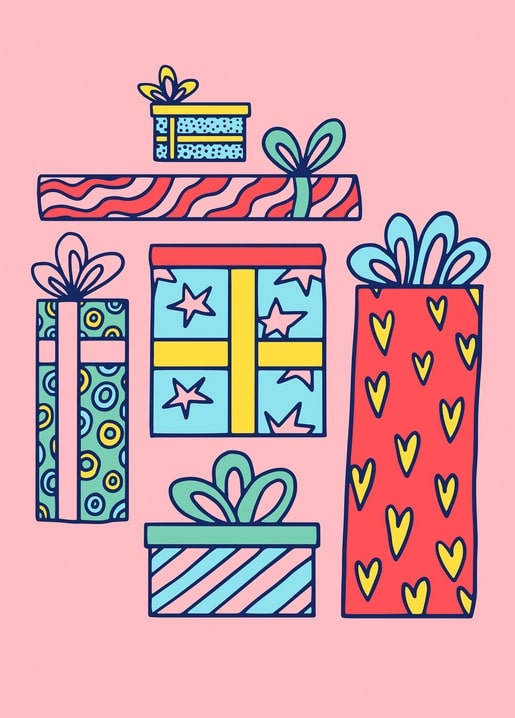 Six illustrated wrapped gift boxes with dots, stripes, stars, and hearts on pink