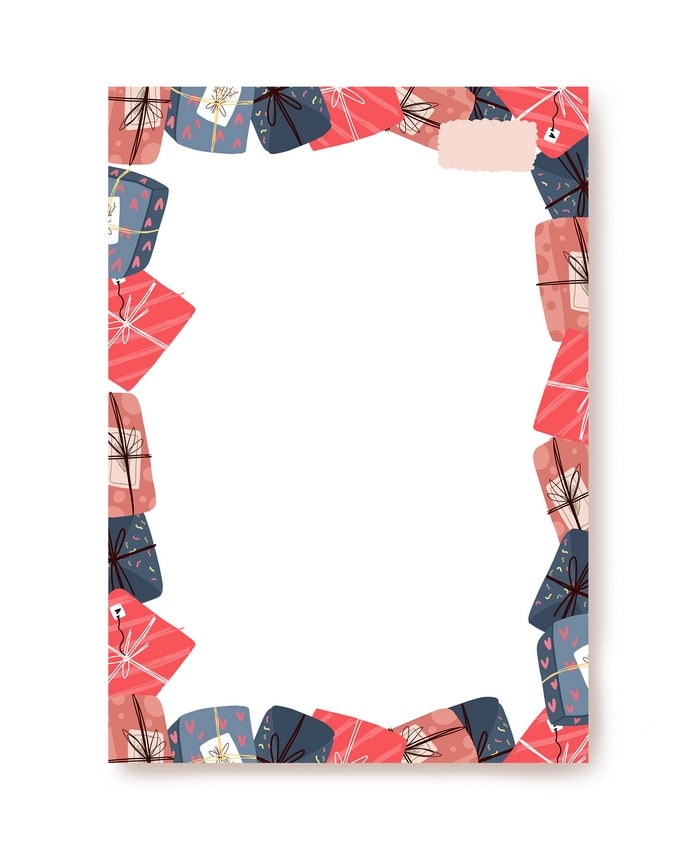 Border of wrapped red, pink and navy gift boxes on holiday letter paper