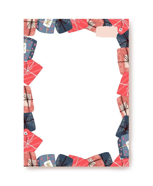 Border of wrapped red, pink and navy gift boxes on holiday letter paper