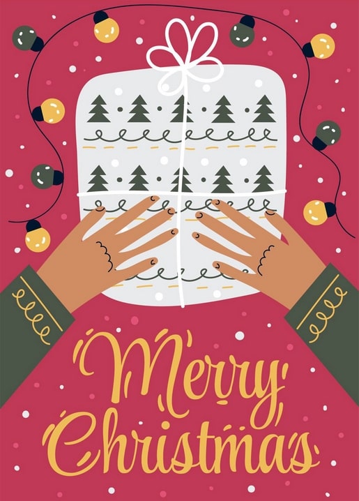Hands wrapping a Christmas gift in tree-print paper, framed by fairy lights on a pink background
