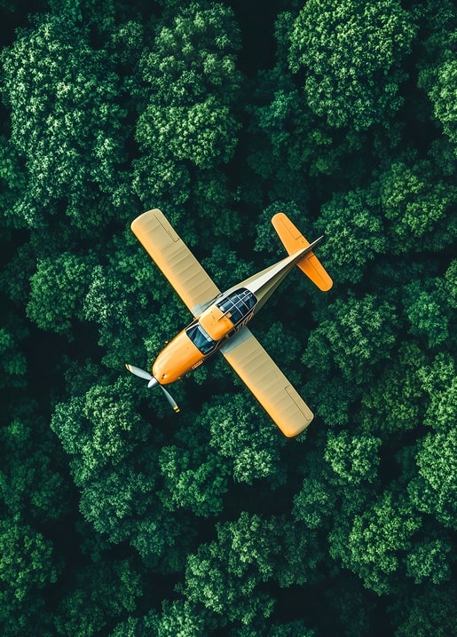 Yellow propeller airplane flying over dense green forest, aerial view