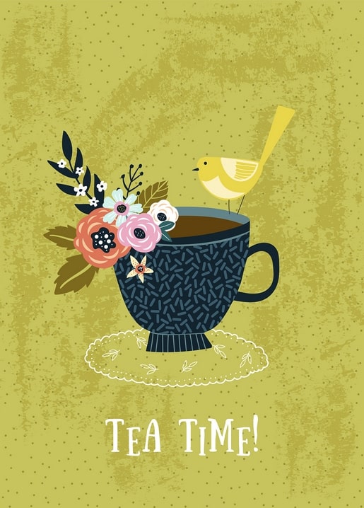 Ілюстрація жовтої пташки на квітчастій філіжанці з написом «Tea Time!»