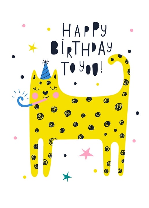 Жовтий плямистий кіт у синьому ковпачку дме в дудку, напис Happy Birthday to You