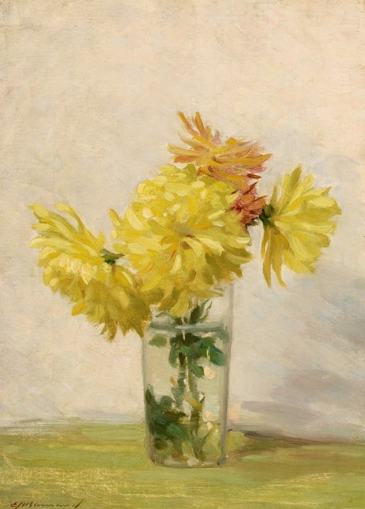 Painting of yellow and rust-orange chrysanthemums in a glass tumbler, postcard by Edward Herbert Barnard