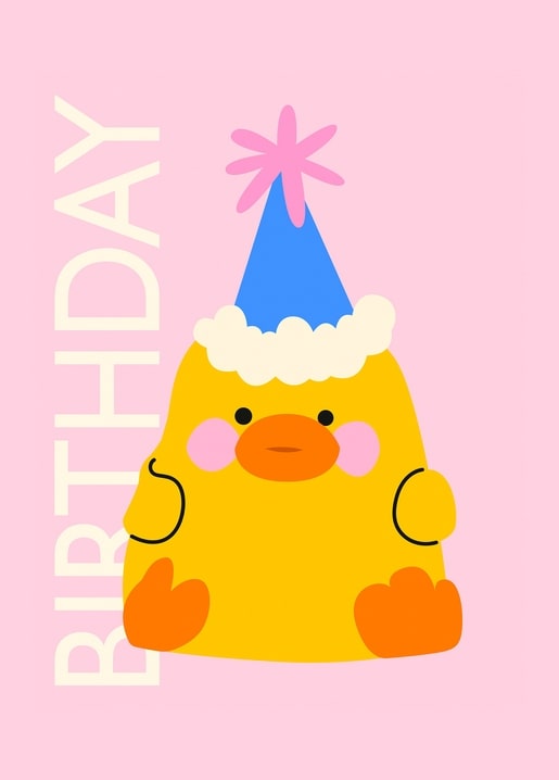 Illustrated yellow duck wearing a blue party hat on a pink background