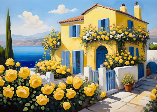 Yellow house covered in climbing roses overlooking the sea in Greece