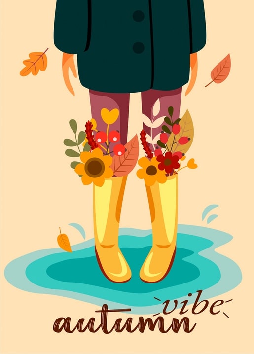 Illustration of yellow rain boots filled with sunflowers and autumn leaves standing in a puddle
