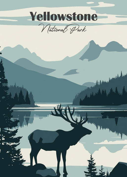 Blue-toned travel poster of an elk standing by a lake in Yellowstone National Park, mountains behind