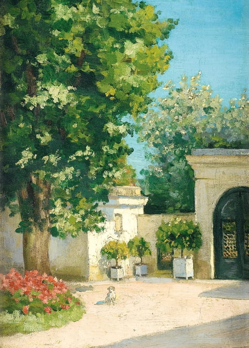 Impressionist garden path at Yerres with blossoming trees, a white wall, and a small dog