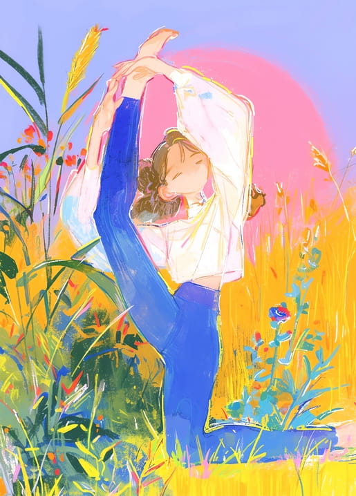 Frau in der Yoga-Tänzerpose in einem Weizenfeld bei Sonnenuntergang
