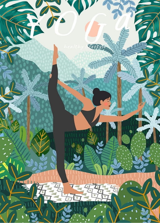 Illustration einer Frau in einer Yoga-Pose zwischen Palmen und Bergen im Dschungel