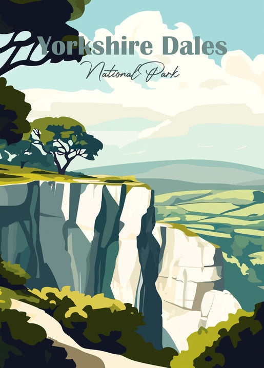 Green travel poster of limestone cliffs and a lone tree in Yorkshire Dales National Park