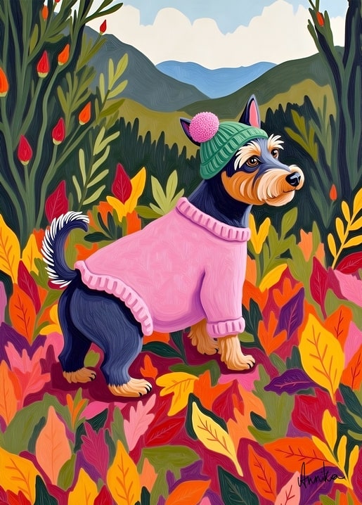 Illustrierter Yorkshire Terrier in rosa Pullover und grüner Bommelmütze im Herbstlaub