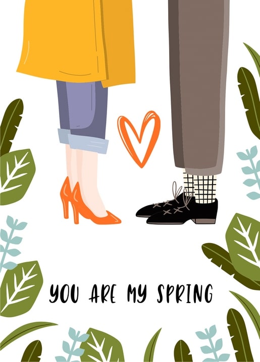 Illustrierte Beine eines Paares mit orangenem Herz und Schriftzug „du bist mein Frühling“
