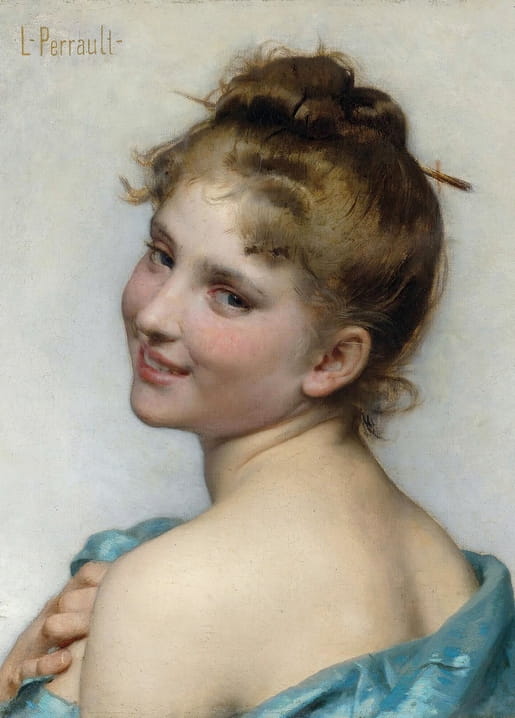 Léon-Jean-Basile Perrault's A Young Beauty: smiling woman glancing over her bare shoulder