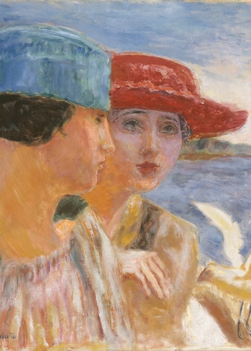Pierre Bonnard painting of two young women in blue and red hats watching a seagull over the water