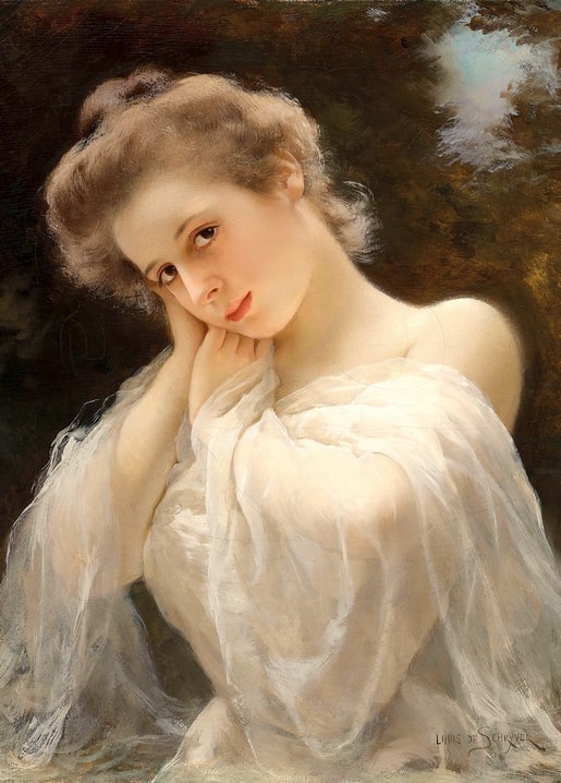 Louis De Schryver portrait of a young woman in sheer white fabric resting her chin on her hand