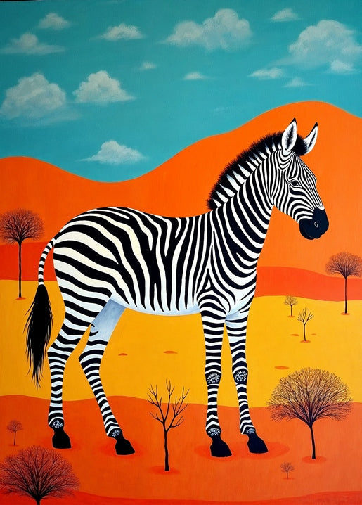 Naiv gemaltes Zebra vor orangefarbenen Hügeln und türkisfarbenem Himmel