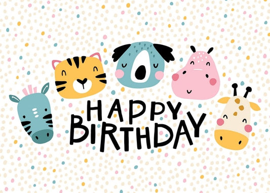 Мордочки зебри, тигра, цуценяти, бегемота й жирафи біля напису «Happy Birthday»