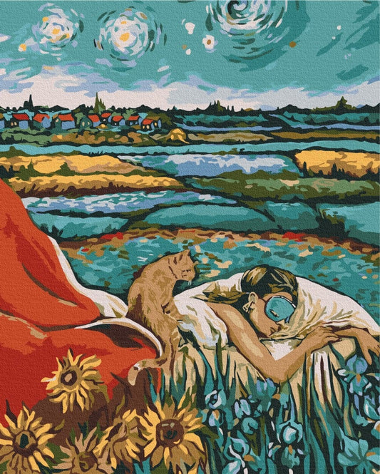 Frau schläft neben einer Katze unter einem Sternenhimmel im Stil Van Goghs