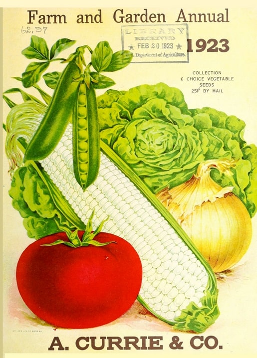 Обкладинка насіннєвого каталогу 1923 року з горохом, кукурудзою, салатом, цибулею й помідором