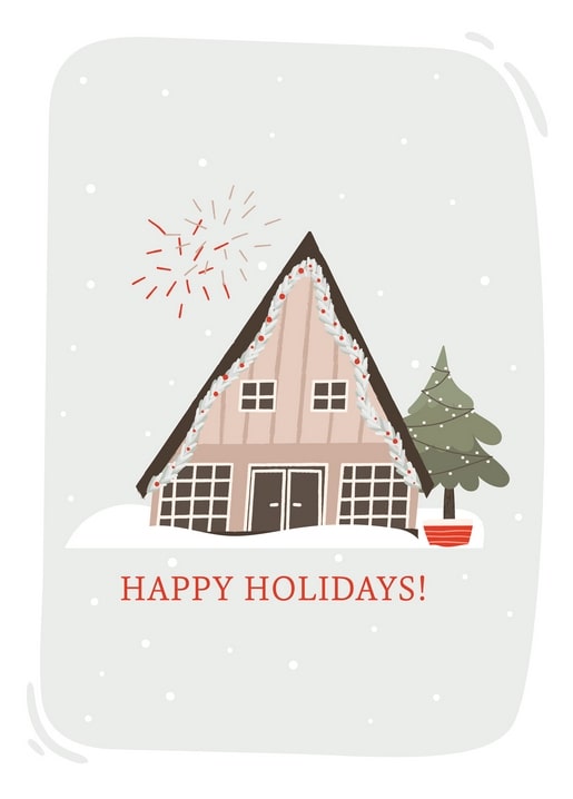 Illustration einer schneebedeckten A-Rahmen-Hütte mit Girlande, Weihnachtsbaum und Feuerwerk am Nachthimmel