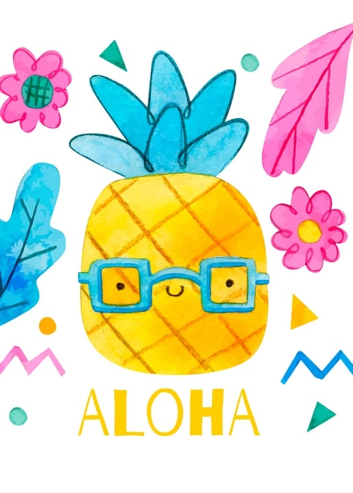 Smiling pineapple wearing glasses with 'Aloha' lettering and pink tropical flowers