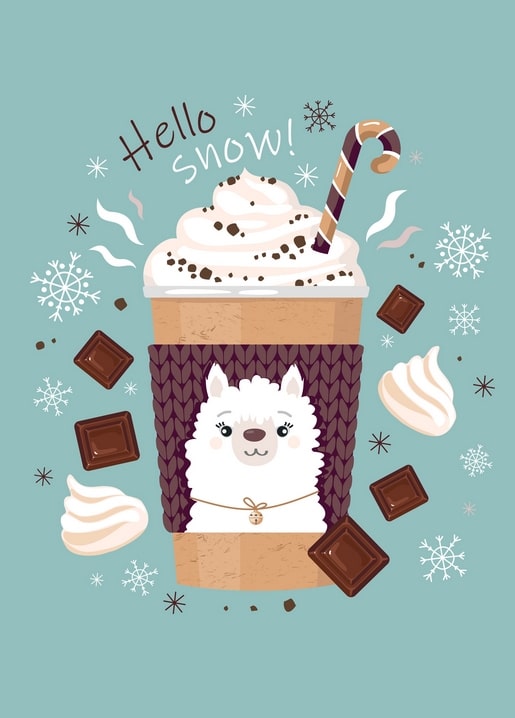 Illustriertes Alpaka in Strickmanschette an einer Kakao-Tasse mit Zuckerstange und Schneeflocken