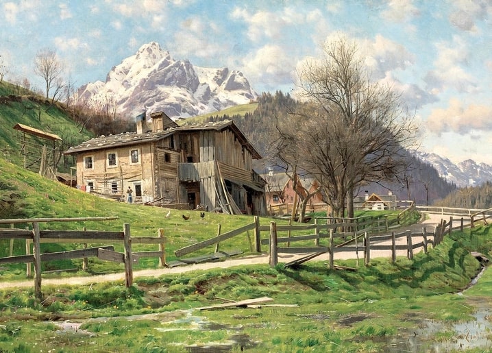 Alpiner Holzbauernhof mit Hühnern im Hof unter schneebedecktem Gipfel, Gemälde von Mønsted