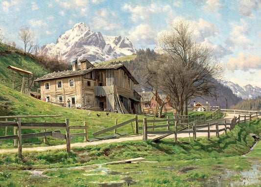 Alpiner Holzbauernhof mit Hühnern im Hof unter schneebedecktem Gipfel, Gemälde von Mønsted
