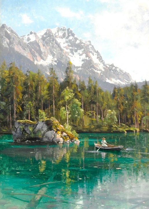 Gemälde von Peder Mønsted: Frau rudert ein Boot auf einem türkisfarbenen Alpensee