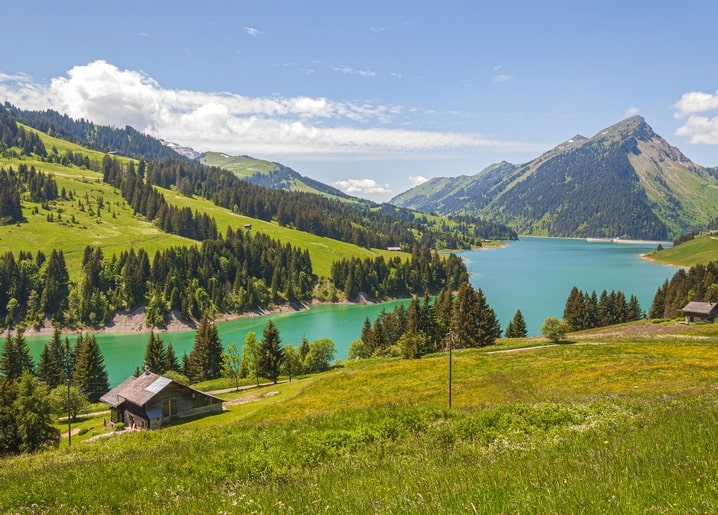 Türkisfarbener Bergsee mit Holzhütte am Ufer und Nadelwald