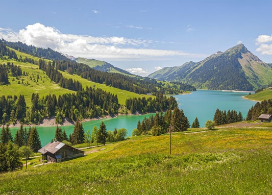 Türkisfarbener Bergsee mit Holzhütte am Ufer und Nadelwald