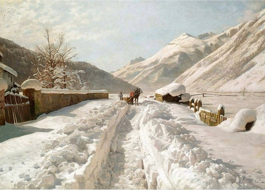 Peder Mønsted painting of a horse-drawn sled on a snow-walled Alpine road between towering peaks