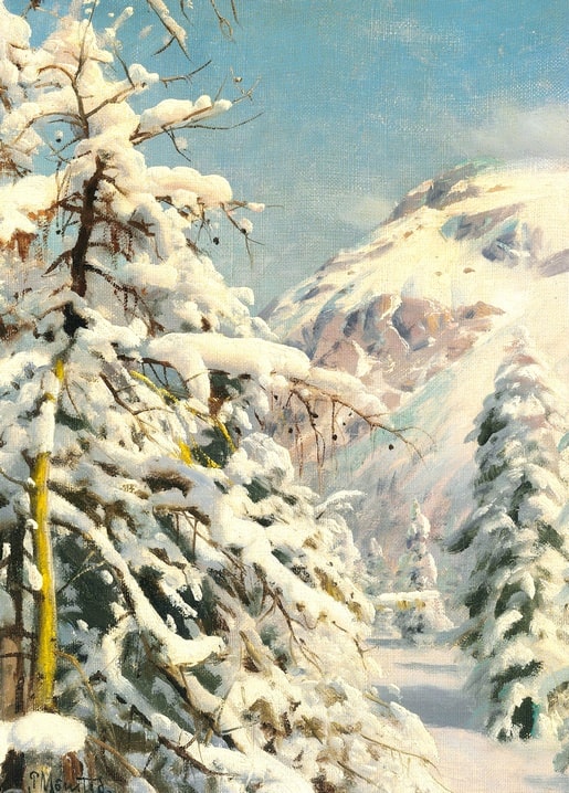 Gemälde von Peder Mønsted: schneebedeckte Tannen und ein sonniger Alpengipfel im Winterlicht