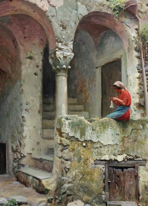 Woman doing needlework on a weathered stone arcade above the Amalfi coast, Mønsted painting