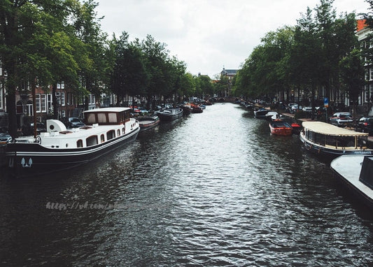 Hausboote entlang eines von Bäumen gesäumten Amsterdamer Kanals, im Hintergrund eine Steinbrücke
