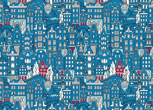 Blue pattern of snow-capped Amsterdam canal houses with gabled roofs and lanterns