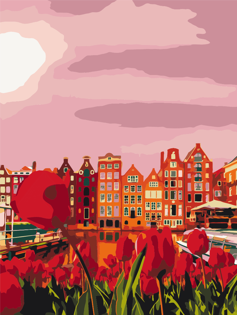 Illustrated paint-by-numbers view of red tulips before Amsterdam's gabled canal houses at sunset
