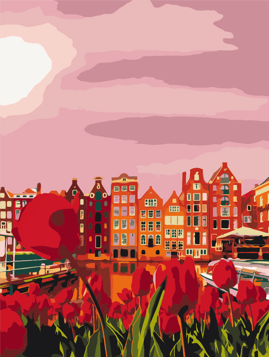 Illustrated paint-by-numbers view of red tulips before Amsterdam's gabled canal houses at sunset