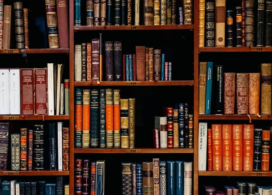 Старовинна бібліотечна полиця зі шкіряними книжками бордового, охристого й зеленого кольорів.