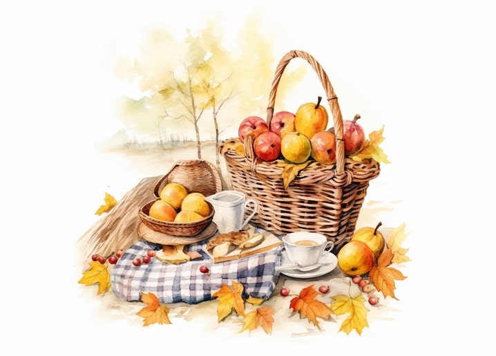 Aquarell-Stillleben mit Apfelkorb, Aprikosen und Milchkrug auf karierter Herbst-Picknickdecke